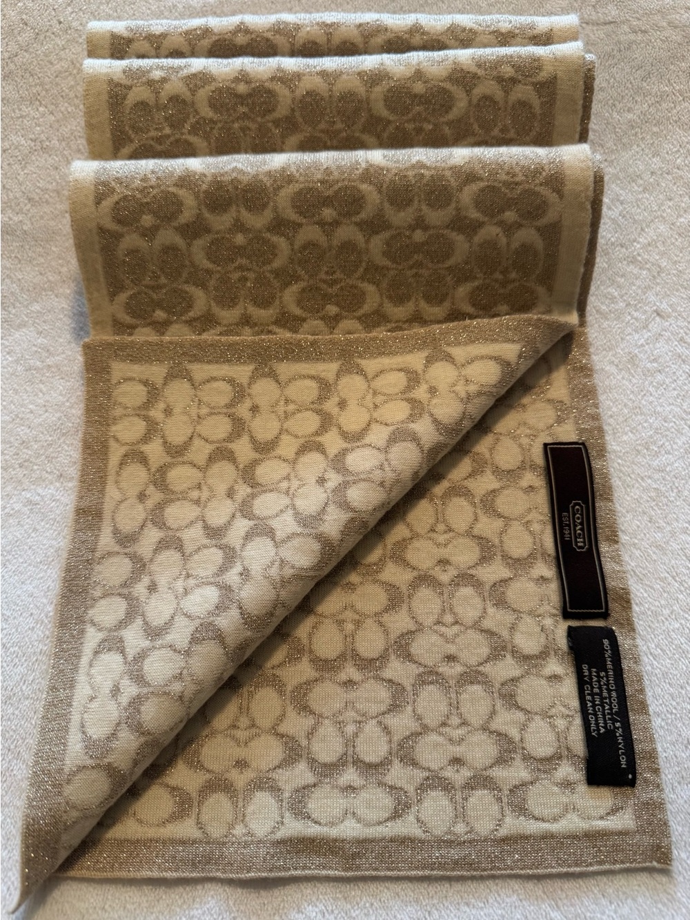 Coach Signature Metallic Merino Wool Scarf Gold Ivory